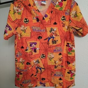 Vintage World of Disney Halloween Scrub Top Womens Size Small Orange Material